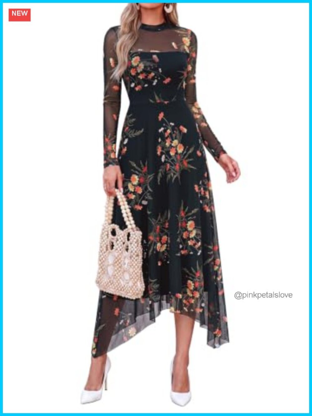 PRETTYGARDEN Women's Floral Mesh Midi Dress Long Sleeve Mock Neck